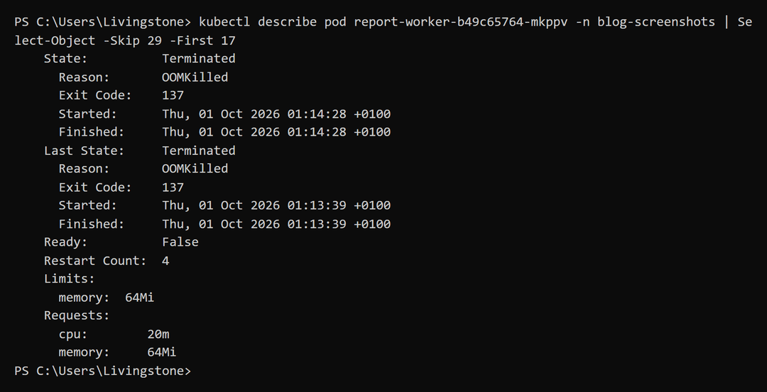 Output of kubectl describe pod: the container was OOMKilled with exit code 137 against a 64Mi memory limit