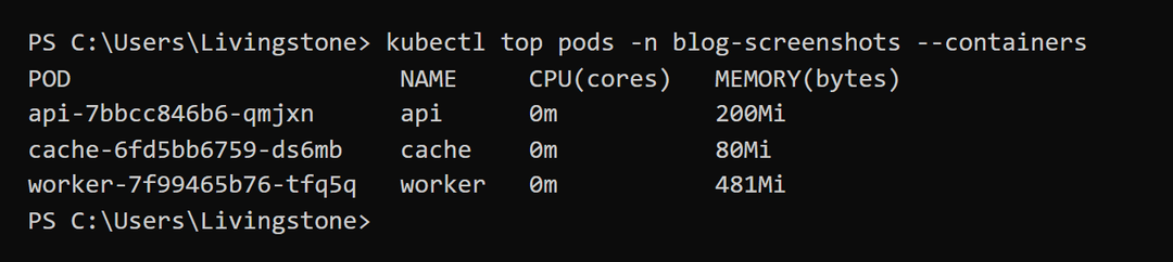 Output of kubectl top pods --containers showing the real memory use of three containers