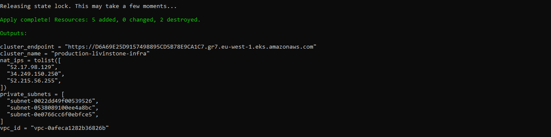 terraform apply output: Apply complete, with the cluster endpoint, NAT gateway IPs, private subnet IDs and VPC ID as outputs