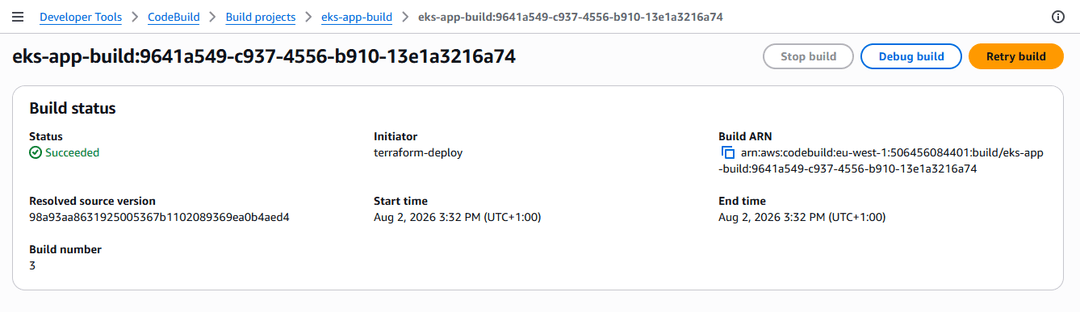 AWS CodeBuild run of eks-app-build with status Succeeded