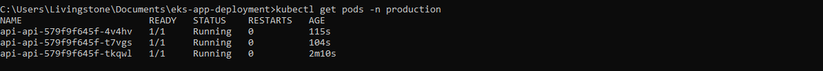kubectl get pods -n production: three api pods Running