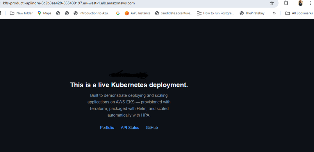 The demo application served through the ALB: "This is a live Kubernetes deployment"