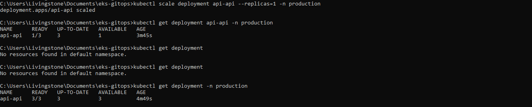 Self-healing test: after manually scaling api-api to 1 replica, Argo CD restores it to 3/3