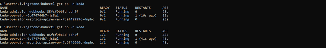 kubectl get pods -n keda: keda-operator, metrics apiserver and admission webhooks moving from 0/1 to 1/1 Running